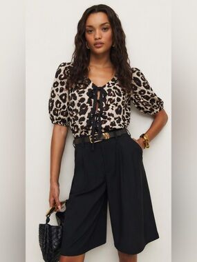 Monteau Leopard Print Puff Sleeve Tie-Front Top - Beige/Black